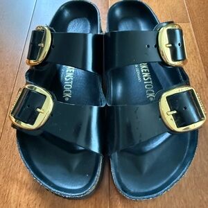 Birkenstock Arizona Big Buckle Shiny Black Sandals with Gold 38